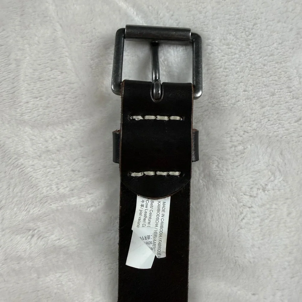 J.Crew Leather Roller Belt Mens 34 Dark Brown Rugged Heritage Stitching Buckle